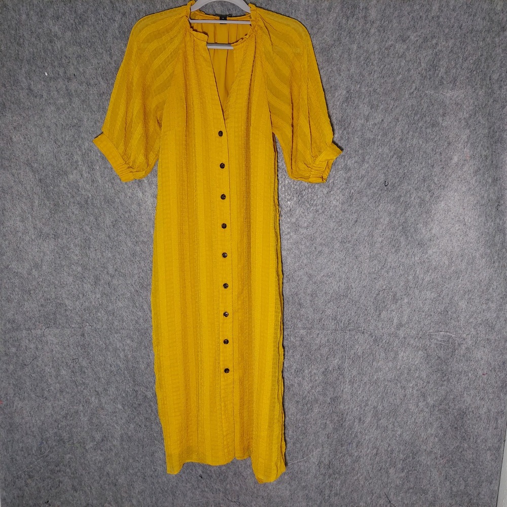 Ann Taylor Midi Dress XS Yellow Seersucker Lined Cottagecore Button Puff Sleeve